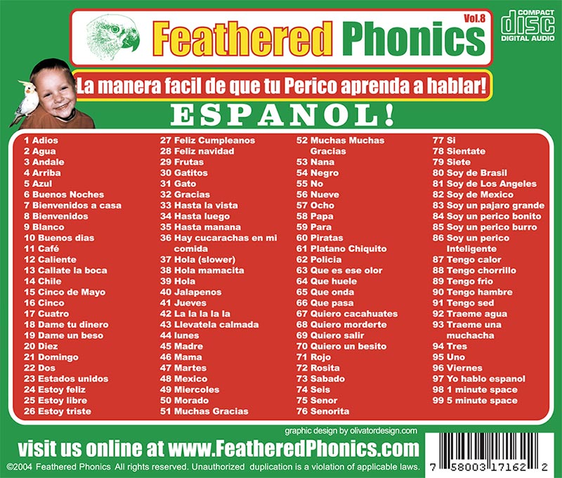 Feathered Phonics CD 8: Teach Your Bird or Parrot to Speak Spanish/Español! - Pet Media Plus