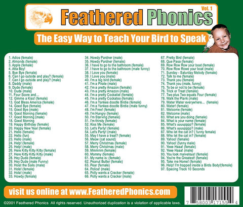 Feathered Phonics CD 1: Teach Your Bird or Parrot to Speak 96 Words & Phrases! - Pet Media Plus