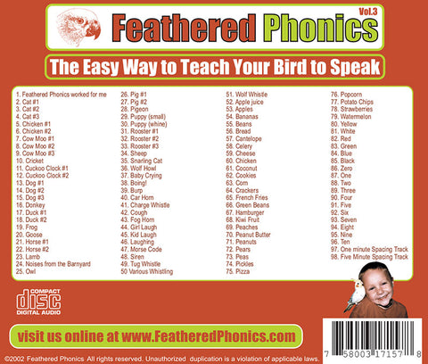 Feathered Phonics CD 3: Barn Yard Fun! Teach Your Bird or Parrot to Talk & Speak - Pet Media Plus