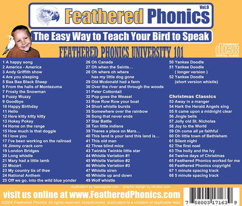 Feathered Phonics CD 9: Feathered Phonics University 101 - Teach Your Parrot or Bird to Speak! - Pet Media Plus